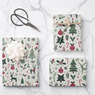 Festive Scandinavian Holly & Reindeer Christmas Wrapping Paper Sheet
