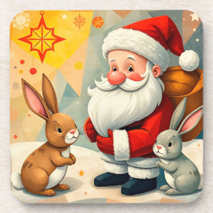 Festive Scene of Santa Claus with Adorable Rabbits Coaster