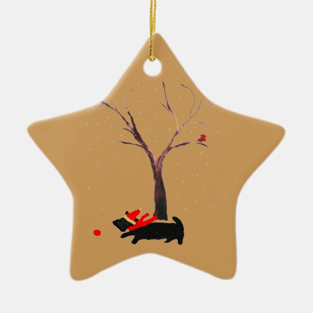 Festive Scottie Dog Robins Ceramic Ornament (Front)