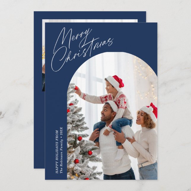 festive script blue christmas arch  holiday card (Front/Back)