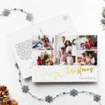 Festive Script Five-Photo Merry Christmas Gold Foil Holiday Postcard<br><div class="desc">Celebrate the season with this festive script five-photo Merry Christmas gold foil holiday postcard featuring a touch of elegant charm. The chic design showcases a simple gold-and-white colour palette, evoking the cozy spirit of winter. Its modern and unique appeal and rustic wording create a perfect balance between seasonal and contemporary....</div>