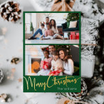 Festive Script Green 2 photo Merry Christmas Gold Foil Holiday Postcard<br><div class="desc">Celebrate the season with this festive script green 2 photo Merry Christmas gold foil holiday postcard featuring a touch of elegant charm. The chic design showcases a simple gold-and-green colour palette, evoking the cozy spirit of winter. Its modern and unique appeal and rustic wording create a perfect balance between seasonal...</div>