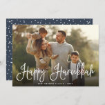 Festive Script Overlay Hanukkah Photo Holiday Card<br><div class="desc">Simple and chic Hanukkah photo card features your favourite family photo overlaid with "Happy Hanukkah" in white modern script lettering. Personalize with your family name and the year along the bottom. Cards reverse to a snow and stars pattern in dusty navy blue and white.</div>