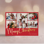 Festive Script Red Five-Photo Merry Christmas Gold Foil Holiday Postcard<br><div class="desc">Celebrate the season with this festive script red five-photo Merry Christmas gold foil holiday postcard featuring a touch of elegant charm. The chic design showcases a simple gold-and-red colour palette, evoking the cozy spirit of winter. Its modern and unique appeal and rustic wording create a perfect balance between seasonal and...</div>