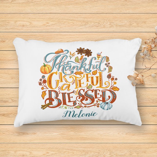 Festive Script Thankful Grateful Blessed Autumn  Accent Pillow (Creator Uploaded)
