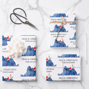 Festive Sea Lions Seas n Greetings Watercolor Wrapping Paper Sheet