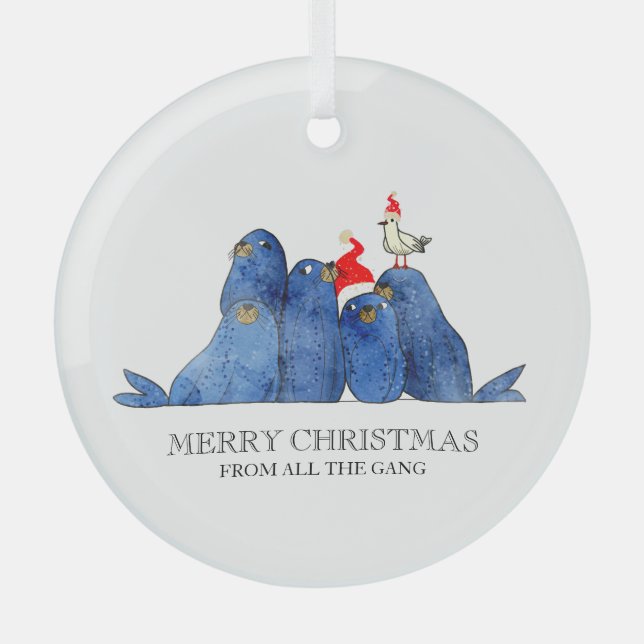 Festive Sea Lions Watercolor Ornament (Front)