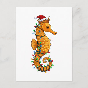 Festive Seahorse Wearing a Santa Hat for a Magical Holiday Postcard