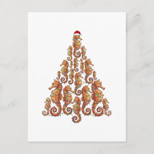 Festive Seahorse Wearing a Santa Hat for a Magical Holiday Postcard
