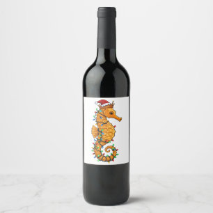 Festive Seahorse Wearing a Santa Hat for a Magical Wine Label