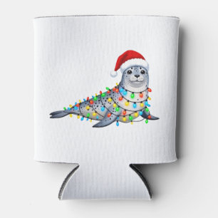 Festive Seal Covered in Christmas Lights Can Cooler