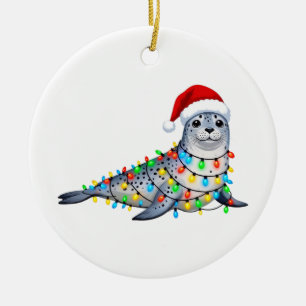 Festive Seal Covered in Christmas Lights Ceramic Ornament