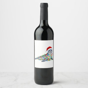 Festive Seal Covered in Christmas Lights Wine Label