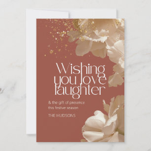 Festive Season Gold Brown-Pink Floral  Holiday Card