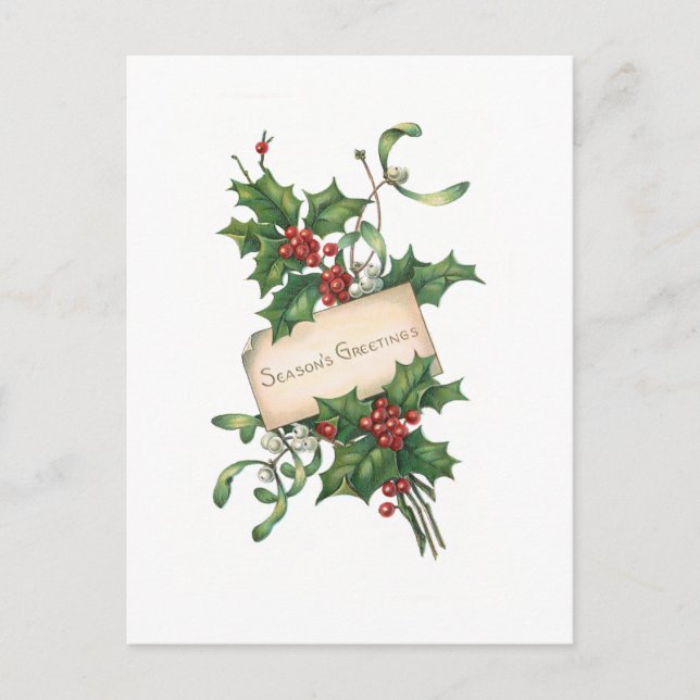 Festive Season's Greetings with Holly & Mistletoe Postcard (Front)