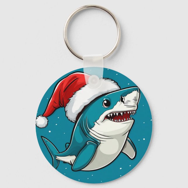 Festive Shark Wearing a Santa Hat Keychain (Front)
