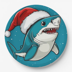 Festive Shark Wearing a Santa Hat Paper Plate