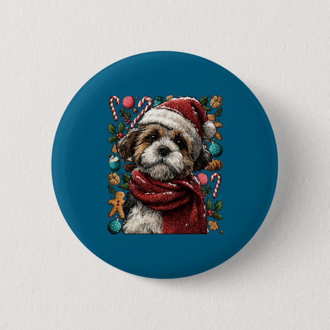 Festive Shih Tzu With Santa Hat Snowy Winter Chris 2 Inch Round Button (Front)