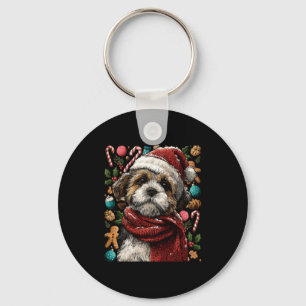 Festive Shih Tzu With Santa Hat Snowy Winter Chris Keychain