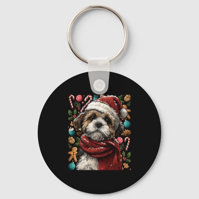 Festive Shih Tzu With Santa Hat Snowy Winter Chris Keychain (Front)