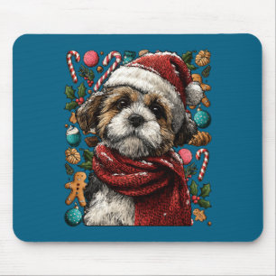 Festive Shih Tzu With Santa Hat Snowy Winter Chris Mouse Pad