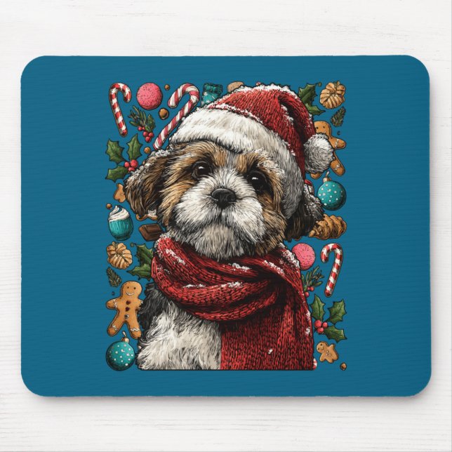 Festive Shih Tzu With Santa Hat Snowy Winter Chris Mouse Pad (Front)