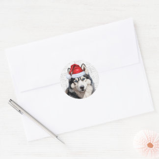 Festive Siberian Husky and Woof Word Art Christmas Classic Round Sticker