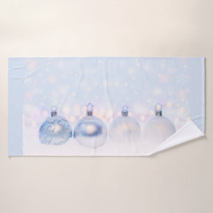 Festive Silver Christmas Balls on Snow Bath Towel Set