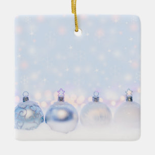 Festive Silver Christmas Balls on Snow Ceramic Ornament