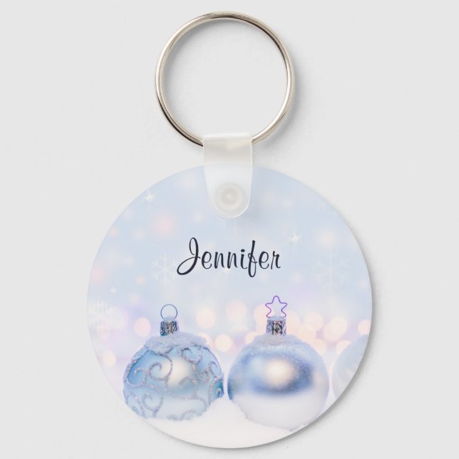 Festive Silver Christmas Balls on Snow Keychain (Front)