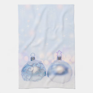 Festive Silver Christmas Balls on Snow Kitchen Towel
