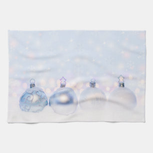 Festive Silver Christmas Balls on Snow Kitchen Towel