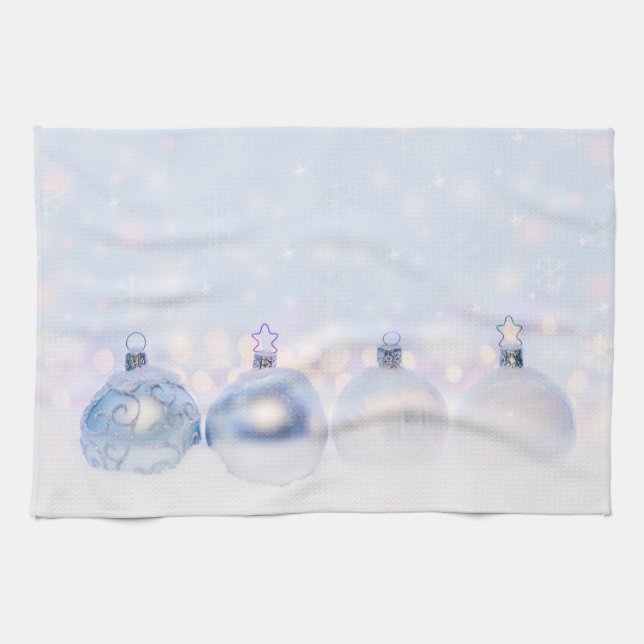 Festive Silver Christmas Balls on Snow Kitchen Towel (Horizontal)