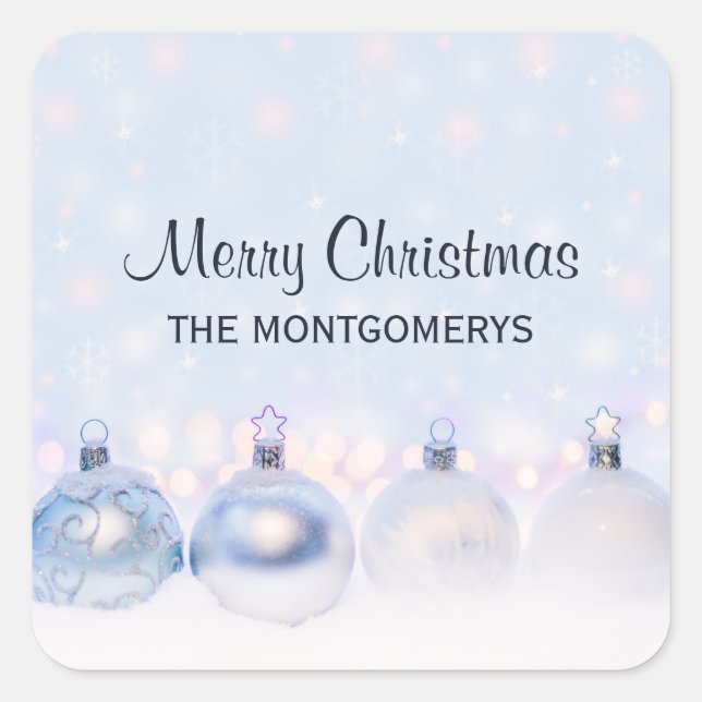 Festive Silver Christmas Balls on Snow Square Sticker (Front)