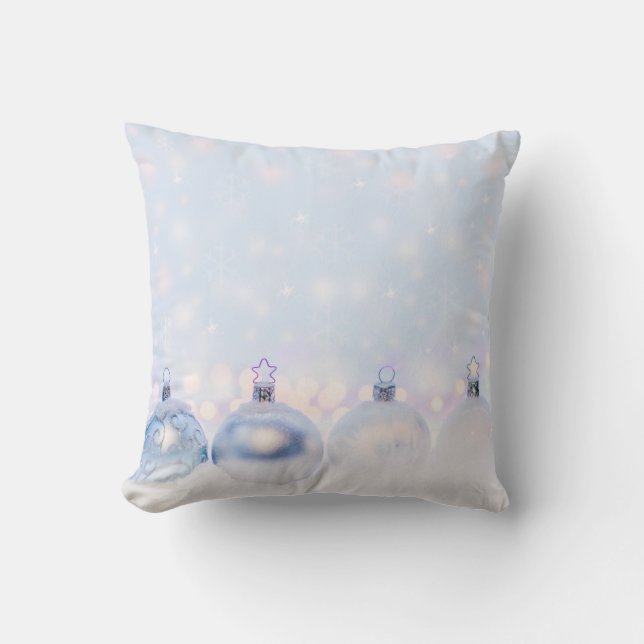 Festive Silver Christmas Balls on Snow Throw Pillow (Front)