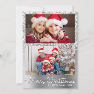 Festive Silver Glam 2 Photo Collage Holiday Card