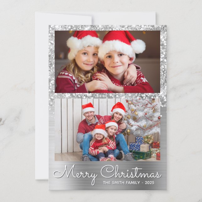 Festive Silver Glam 2 Photo Collage Holiday Card (Front)