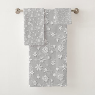 Festive Silver Grey and White Christmas Snow Bath Towel Set