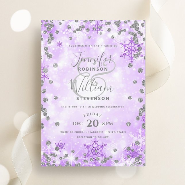 Festive Silver Purple Glam Elegant Winter Wedding  Invitation (Festive Silver Purple Glam Elegant Winter Wedding Invitation)