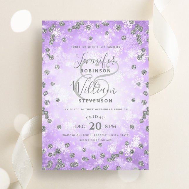 Festive Silver Purple Glitter Winter Wedding  Invitation (Festive Silver Purple Glitter Winter Wedding Invitation)