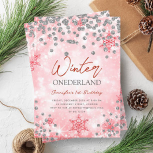 Festive Silver Red Winter ONEDERLAND 1st Birthday Invitation