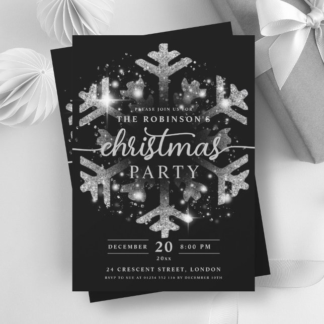Festive Silver Winter Snowflake Christmas Black Invitation (Creator Uploaded)