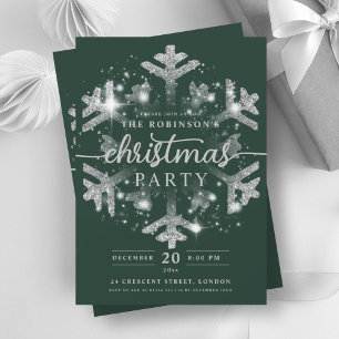 Festive Silver Winter Snowflake Christmas Green Invitation