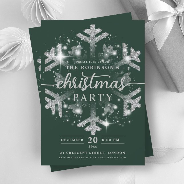 Festive Silver Winter Snowflake Christmas Green  Invitation (Festive Silver Winter Snowflake Christmas Green Invitation)