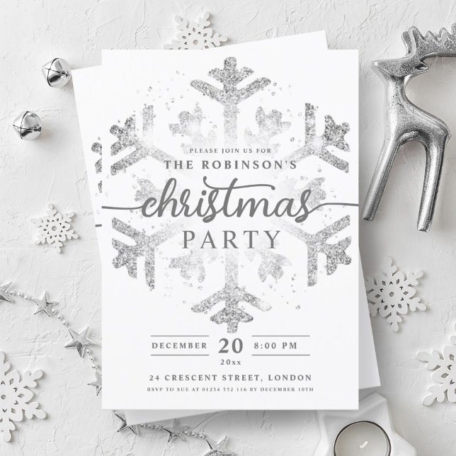 Festive Silver Winter Snowflake Christmas Party  Invitation (Festive Silver Winter Snowflake Christmas Party Invitation)