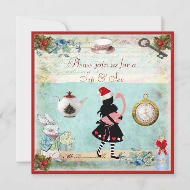 Festive Sip & See Alice & Flamingo Baby Shower Invitation (Front)