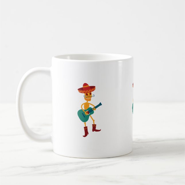 Festive Skeleton Guitar Player Coffee Mug (Left)