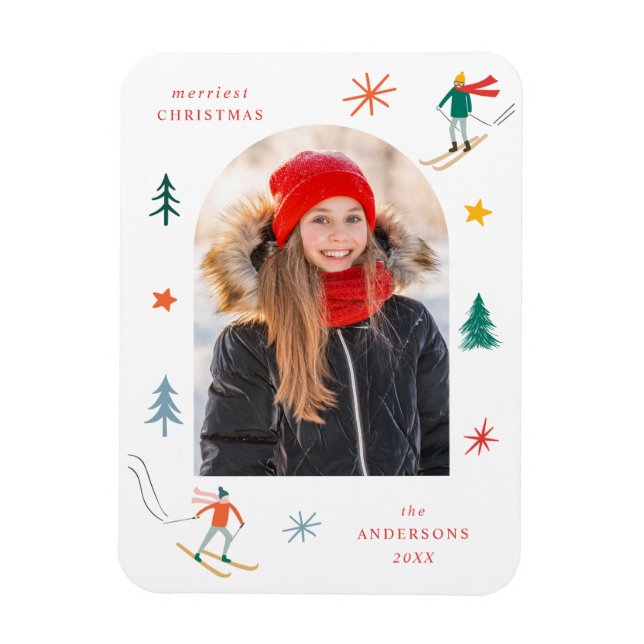 Festive Skiers Photo Magnet (Vertical)