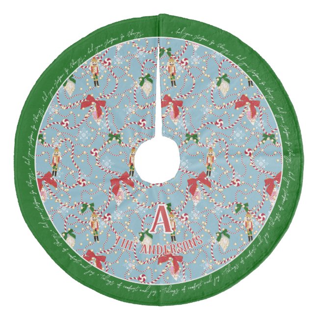 Festive Sky Blue Nutcracker Candy Cane Monogram Fleece Tree Skirt (Front)