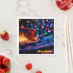 Festive sleeping cat colourful pet lover art napkin